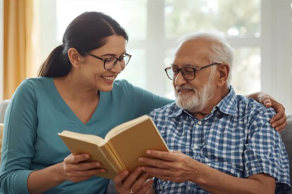 Senior man and caregiver talking happily
