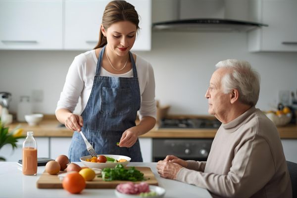 Caregiver preparing a meal in the kitchen